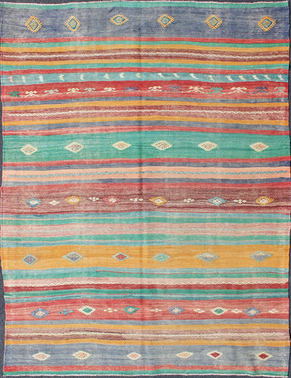 Bright and Colorful Flat-Weave Turkish Kilim Rug with Geometric Stripe Design kwarugs
 
 
 
 Geometric strip flat-weave Kilim rug from Turkey in Bright, cheerful, colorful colors, rug en-140549, country of origin / type: turkey / Kilim, circa 1950.
 
 ...