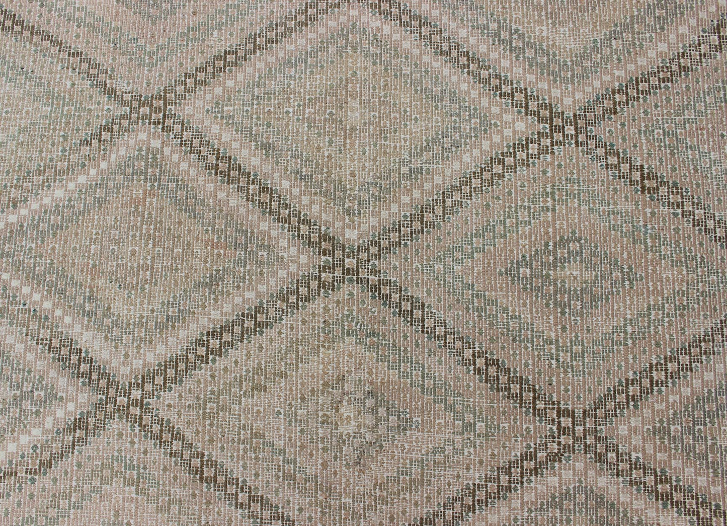 Tan Green, Salmon Vintage Turkish Embroidered Rug With Geometric Diamond Design
 
 
 
 Embroidered vintage Kilim rug from Turkey in shades of tan, Taupe, light Brown, green and light yellow green with geometric pattern, rug EN-179003, country of origin...