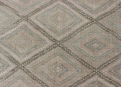 Tan Green, Salmon Vintage Turkish Embroidered Rug With Geometric Diamond Design
 
 
 
 Embroidered vintage Kilim rug from Turkey in shades of tan, Taupe, light Brown, green and light yellow green with geometric pattern, rug EN-179003, country of origin...