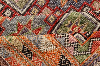 Measures: 6'4 x 8'9 
 
 Colorful Vintage Turkish Kilim Embroidered with Star Design in Gray and Green. Keivan Woven Arts / rug / TU-NED-4699, country of origin / type: Turkey / Kilim, circa 1950
 
 Featuring tribal shapes of stars and boxes with a spot...