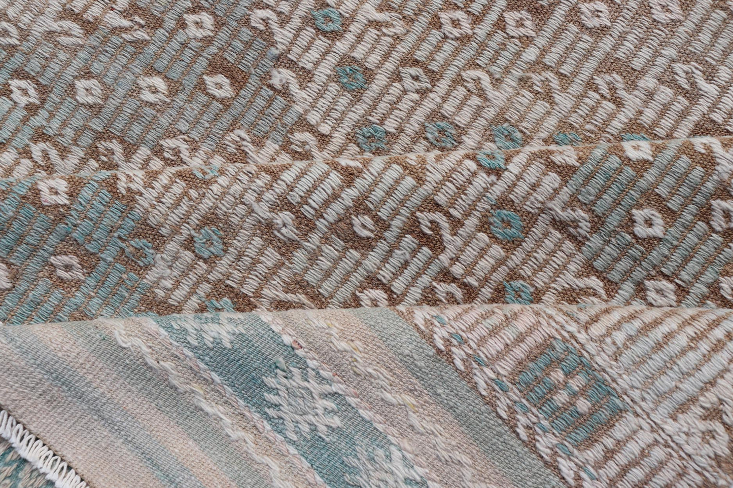 Vintage Turkish Embroidered Flat-Weave Rug with Geometric Design 
 
 
 
 Vintage Turkish Embroidered Flat-Weave Rug with Neutral-Toned Geometric Design.
 
 Keivan Woven Arts- Geometric design vintage Kilim rug from Turkey in pale Green, cream, neutral,...
