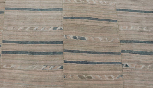 Measures: 8'11 x 12'6 
 
 Turkish Vintage Paneled Kilim Vintage Rug in Muted Colors With Blue Highlights. Keivan Woven Arts / rug EN-15163 country of origin / type: Turkey / Kilim, circa mid-20th century