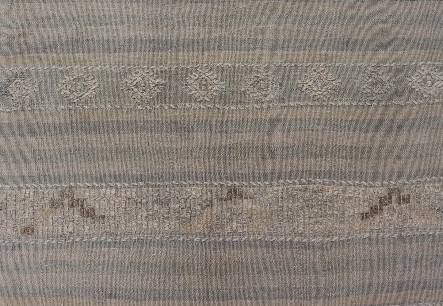 Measures: 6'6 x 10'0 
 
 Turkish Flat-Weave in Tan, Taupe, and Gray-Blue with Stripes and Embroideries. Keivan Woven Arts / Rug EN-15176, country of origin / type: Turkey / Kilim, circa 1950.
 
 
 
 This vintage Turkish Kilim rug features a contemporar...