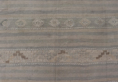 Measures: 6'6 x 10'0 
 
 Turkish Flat-Weave in Tan, Taupe, and Gray-Blue with Stripes and Embroideries. Keivan Woven Arts / Rug EN-15176, country of origin / type: Turkey / Kilim, circa 1950.
 
 
 
 This vintage Turkish Kilim rug features a contemporar...