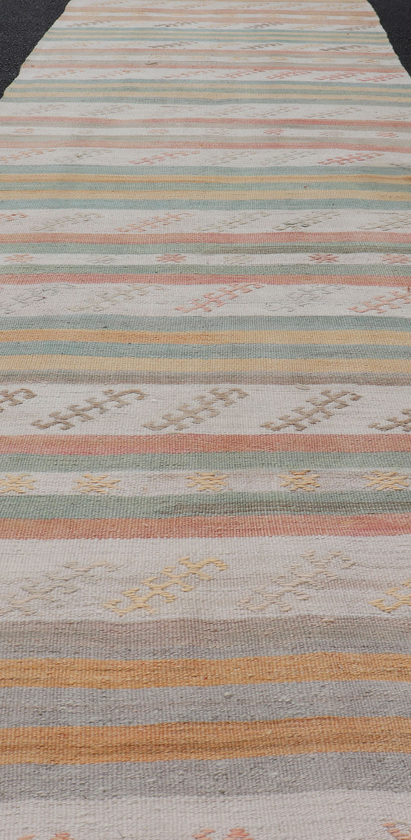 Vintage Turkish Kilim Runner with Stripes in Cream, Lt Green, Coral & Yellow. Keivan Woven Arts / rug EN-179866, country of origin / type: Turkey / Kilim, circa Mid-20th Century.
 
 Measures: 3'2 x 15'0 
 
 This vintage flat-woven kilim runner features...