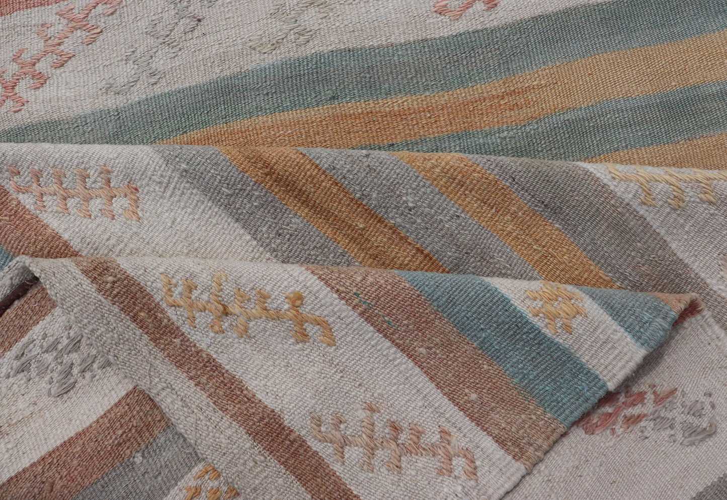 Vintage Turkish Kilim Runner with Stripes in Cream, Lt Green, Coral & Yellow. Keivan Woven Arts / rug EN-179866, country of origin / type: Turkey / Kilim, circa Mid-20th Century.
 
 Measures: 3'2 x 15'0 
 
 This vintage flat-woven kilim runner features...