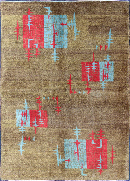 Mid-Century Modern Turkish Rug with Teal-Blue and Red Geometric Shapes & Brown Field
 
 
 
 Turkish Teal-Blue Mid-Century Modern Rug
 
 rug/en-141708, origin/turkey
 
 
 
 This Mid-Century Modern carpet from Turkey is distinguished by a Minimalist desi...