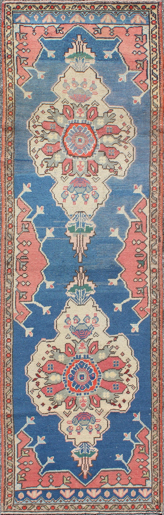 Grand dual medallion Oushak vintage runner from Turkey in red and blue, rug en-140752, country of origin / type: Turkey / Oushak, circa 1940
 
 
 
 This Turkish runner features a dual central medallion design as well as patterns of smaller geometric an...