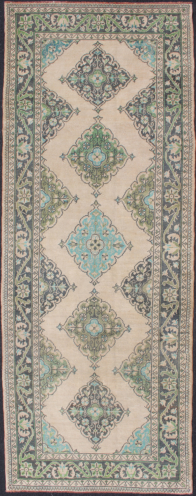 Turkish Oushak Runner With Medallion Design in Dark Blue, Blush, Aqua and Green
 
 
 
 Floral Medallion design Oushak runner from Turkey, Keivan Woven Arts / rug en-176969, country of origin / type: Turkey / Oushak, circa 1950
 
 
 
 This dynamic Ousha...