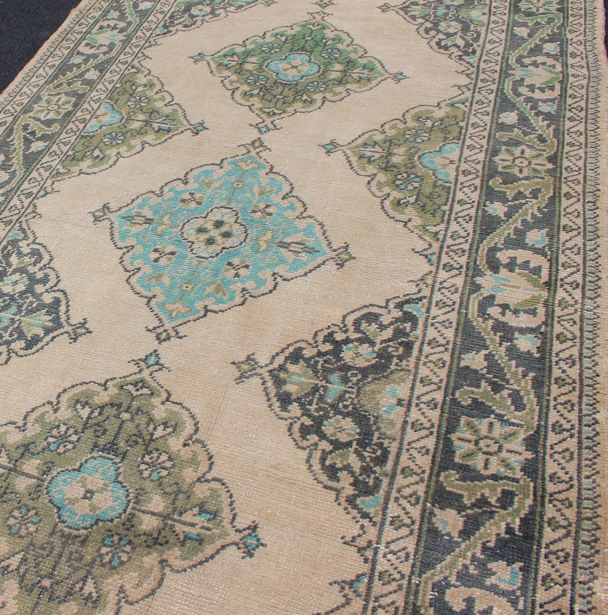 Turkish Oushak Runner With Medallion Design in Dark Blue, Blush, Aqua and Green
 
 
 
 Floral Medallion design Oushak runner from Turkey, Keivan Woven Arts / rug en-176969, country of origin / type: Turkey / Oushak, circa 1950
 
 
 
 This dynamic Ousha...