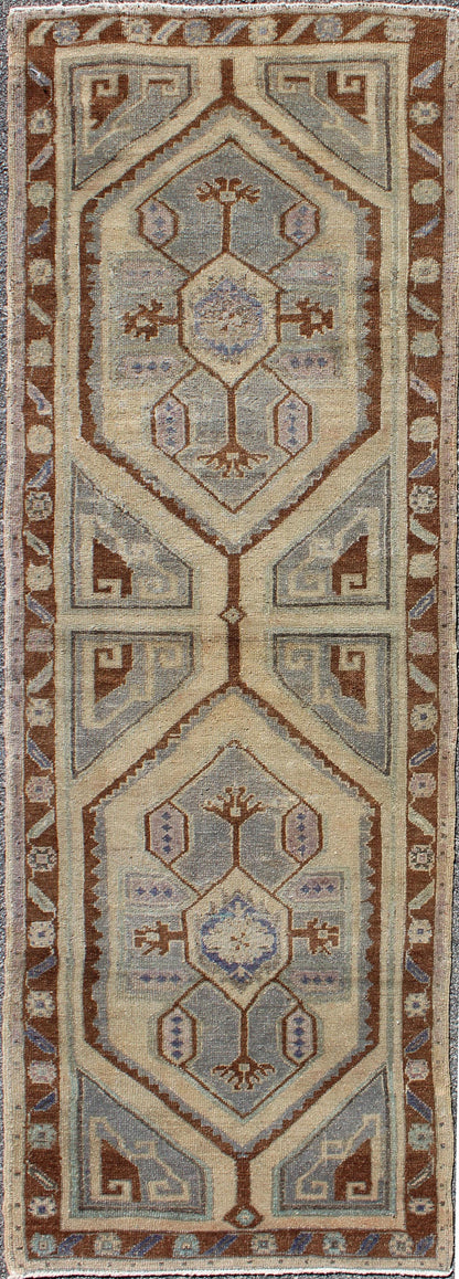 Vintage Turkish Oushak runner with two medallions in nude, blue-gray, red-brown, rug tu-vey-3290, country of origin / type: Turkey / Oushak, circa 1940
 
 
 
 This vintage Turkish Oushak carpet (circa mid-20th century) features a tribal, central dual-m...