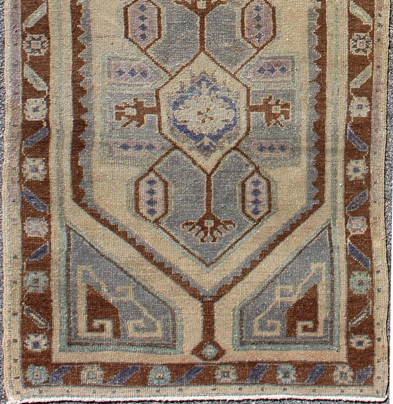 Vintage Turkish Oushak runner with two medallions in nude, blue-gray, red-brown, rug tu-vey-3290, country of origin / type: Turkey / Oushak, circa 1940
 
 
 
 This vintage Turkish Oushak carpet (circa mid-20th century) features a tribal, central dual-m...