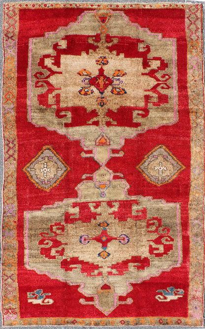 Bright Red and Taupe Vintage Turkish Oushak Rug with Dual Medallion Design
 
 
 
 Measures: 5'11'' x 10'4''.
 
 This Turkish rug features a dual central medallion design as well as patterns of smaller Sub-geometric elements in the border. Colors includ...