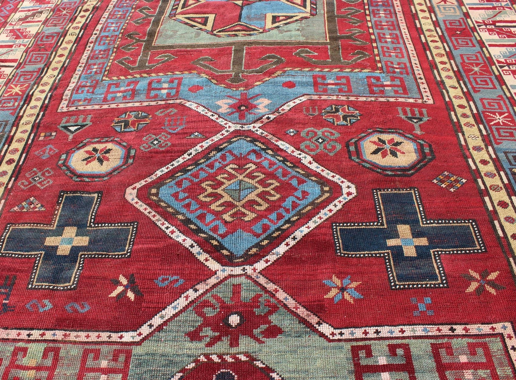 Antique Caucasian Kazak Gallery Carpet With Dual Geometric Medallions. Keivan Woven Arts / rug A - 0201, country of origin / type: Caucus / Caucasian, circa 1870. Measures: 6'8 x 13'7 This stunning late 19th century Kazak gallery rug from the Cauc... - Keivan Woven ArtsA - 0201 - 235Rug