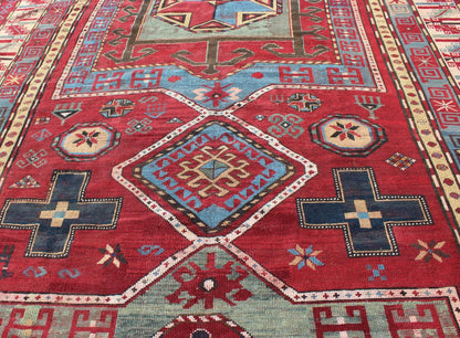 Antique Caucasian Kazak Gallery Carpet With Dual Geometric Medallions. Keivan Woven Arts / rug A - 0201, country of origin / type: Caucus / Caucasian, circa 1870. Measures: 6'8 x 13'7 This stunning late 19th century Kazak gallery rug from the Cauc... - Keivan Woven ArtsA - 0201 - 235Rug