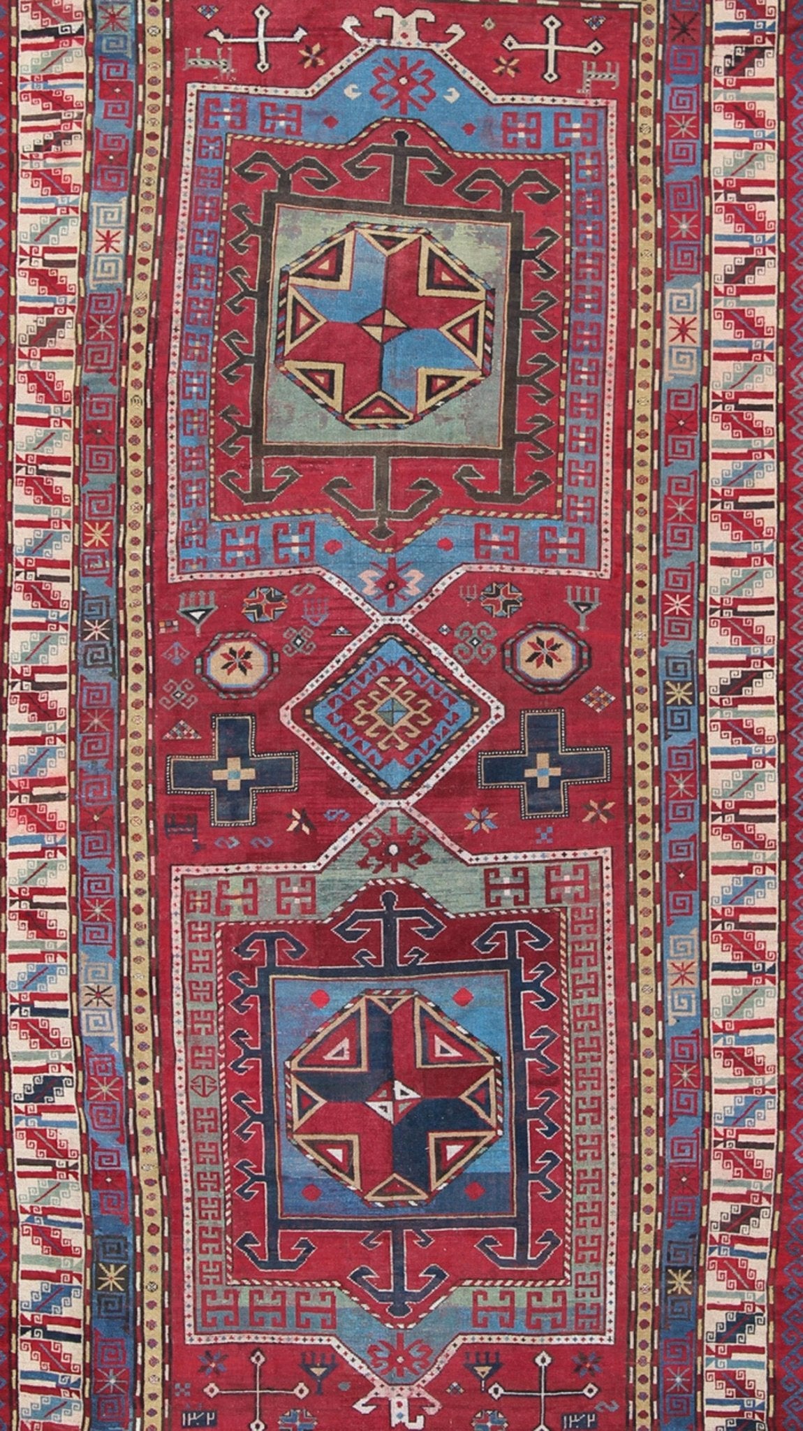 Antique Caucasian Kazak Gallery Carpet With Dual Geometric Medallions. Keivan Woven Arts / rug A - 0201, country of origin / type: Caucus / Caucasian, circa 1870. Measures: 6'8 x 13'7 This stunning late 19th century Kazak gallery rug from the Cauc... - Keivan Woven ArtsA - 0201 - 235Rug