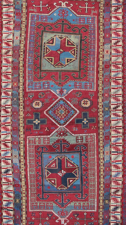 Antique Caucasian Kazak Gallery Carpet With Dual Geometric Medallions. Keivan Woven Arts / rug A - 0201, country of origin / type: Caucus / Caucasian, circa 1870. Measures: 6'8 x 13'7 This stunning late 19th century Kazak gallery rug from the Cauc... - Keivan Woven ArtsA - 0201 - 235Rug