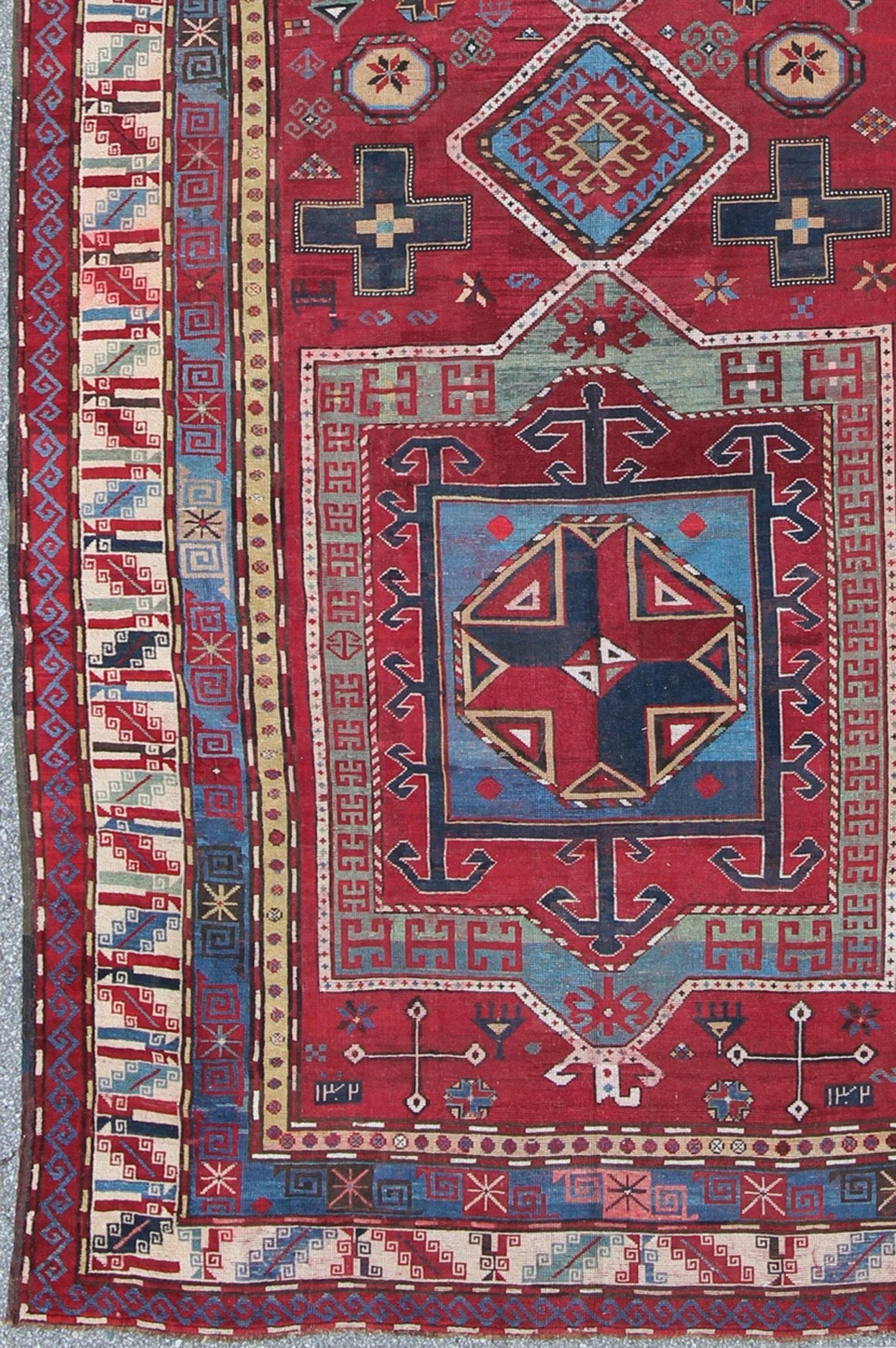 Antique Caucasian Kazak Gallery Carpet With Dual Geometric Medallions. Keivan Woven Arts / rug A - 0201, country of origin / type: Caucus / Caucasian, circa 1870. Measures: 6'8 x 13'7 This stunning late 19th century Kazak gallery rug from the Cauc... - Keivan Woven ArtsA - 0201 - 235Rug
