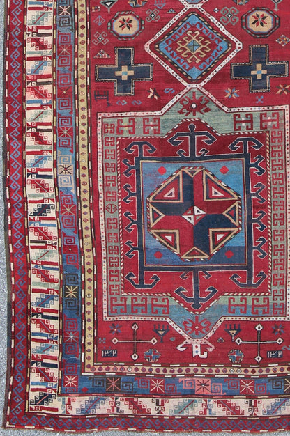 Antique Caucasian Kazak Gallery Carpet With Dual Geometric Medallions. Keivan Woven Arts / rug A - 0201, country of origin / type: Caucus / Caucasian, circa 1870. Measures: 6'8 x 13'7 This stunning late 19th century Kazak gallery rug from the Cauc... - Keivan Woven ArtsA - 0201 - 235Rug