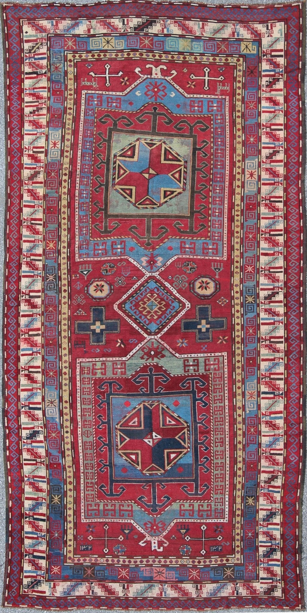 Antique Caucasian Kazak Gallery Carpet With Dual Geometric Medallions. Keivan Woven Arts / rug A - 0201, country of origin / type: Caucus / Caucasian, circa 1870. Measures: 6'8 x 13'7 This stunning late 19th century Kazak gallery rug from the Cauc... - Keivan Woven ArtsA - 0201 - 235Rug