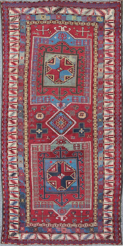 Antique Caucasian Kazak Gallery Carpet With Dual Geometric Medallions. Keivan Woven Arts / rug A - 0201, country of origin / type: Caucus / Caucasian, circa 1870. Measures: 6'8 x 13'7 This stunning late 19th century Kazak gallery rug from the Cauc... - Keivan Woven ArtsA - 0201 - 235Rug