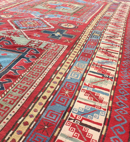 Antique Caucasian Kazak Gallery Carpet With Dual Geometric Medallions. Keivan Woven Arts / rug A - 0201, country of origin / type: Caucus / Caucasian, circa 1870. Measures: 6'8 x 13'7 This stunning late 19th century Kazak gallery rug from the Cauc... - Keivan Woven ArtsA - 0201 - 235Rug