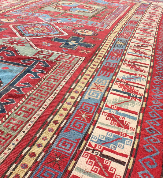 Antique Caucasian Kazak Gallery Carpet With Dual Geometric Medallions. Keivan Woven Arts / rug A - 0201, country of origin / type: Caucus / Caucasian, circa 1870. Measures: 6'8 x 13'7 This stunning late 19th century Kazak gallery rug from the Cauc... - Keivan Woven ArtsA - 0201 - 235Rug