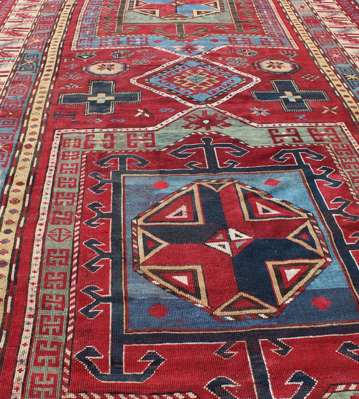 Antique Caucasian Kazak Gallery Carpet With Dual Geometric Medallions. Keivan Woven Arts / rug A - 0201, country of origin / type: Caucus / Caucasian, circa 1870. Measures: 6'8 x 13'7 This stunning late 19th century Kazak gallery rug from the Cauc... - Keivan Woven ArtsA - 0201 - 235Rug