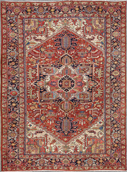 Antique Heriz - Serapi Rug with Geometric Medallion in Rust Red, Dark Blue, Green. Keivan Woven Arts / Rug / A - 0203, country of origin / type: Iran /Heriz, circa 1900. Measures: 10'3 x 13'3. This magnificent antique Persian Heriz - Serapi carpet fro... - Keivan Woven ArtsA - 0203 - 201Rug