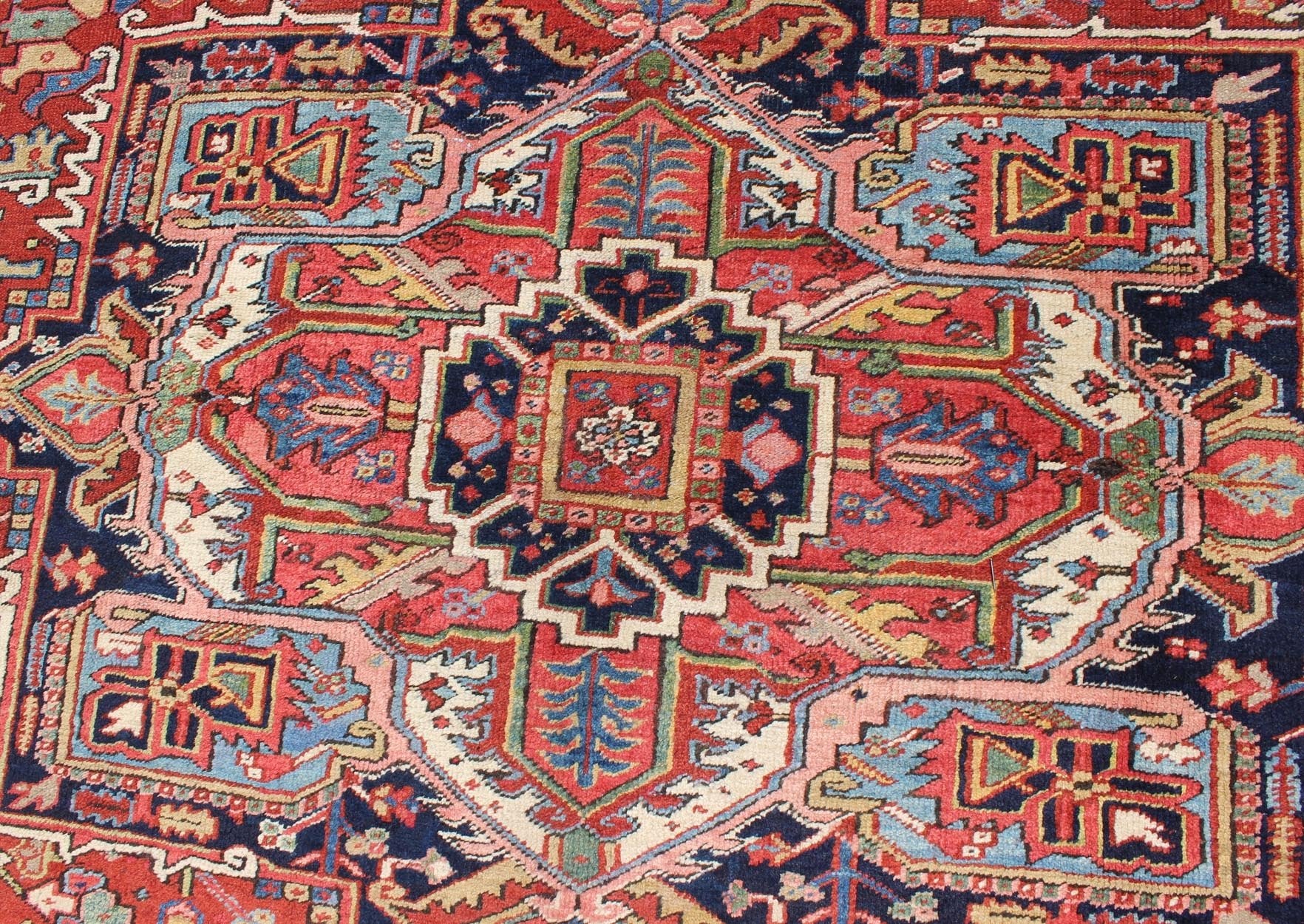 Antique Heriz - Serapi Rug with Geometric Medallion in Rust Red, Dark Blue, Green. Keivan Woven Arts / Rug / A - 0203, country of origin / type: Iran /Heriz, circa 1900. Measures: 10'3 x 13'3. This magnificent antique Persian Heriz - Serapi carpet fro... - Keivan Woven ArtsA - 0203 - 201Rug