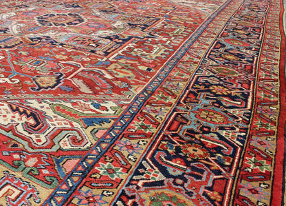 Antique Heriz - Serapi Rug with Geometric Medallion in Rust Red, Dark Blue, Green. Keivan Woven Arts / Rug / A - 0203, country of origin / type: Iran /Heriz, circa 1900. Measures: 10'3 x 13'3. This magnificent antique Persian Heriz - Serapi carpet fro... - Keivan Woven ArtsA - 0203 - 201Rug