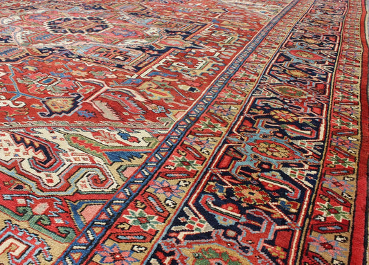 Antique Heriz - Serapi Rug with Geometric Medallion in Rust Red, Dark Blue, Green. Keivan Woven Arts / Rug / A - 0203, country of origin / type: Iran /Heriz, circa 1900. Measures: 10'3 x 13'3. This magnificent antique Persian Heriz - Serapi carpet fro... - Keivan Woven ArtsA - 0203 - 201Rug