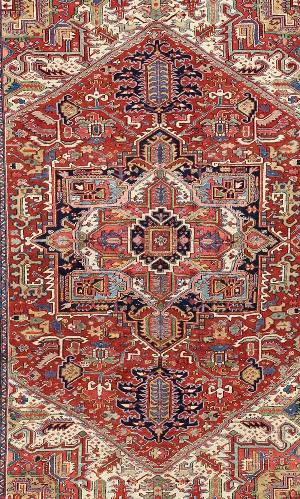 Antique Heriz - Serapi Rug with Geometric Medallion in Rust Red, Dark Blue, Green. Keivan Woven Arts / Rug / A - 0203, country of origin / type: Iran /Heriz, circa 1900. Measures: 10'3 x 13'3. This magnificent antique Persian Heriz - Serapi carpet fro... - Keivan Woven ArtsA - 0203 - 201Rug