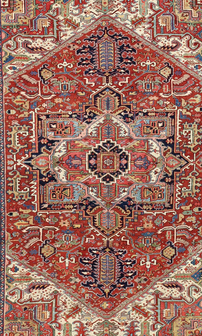 Antique Heriz - Serapi Rug with Geometric Medallion in Rust Red, Dark Blue, Green. Keivan Woven Arts / Rug / A - 0203, country of origin / type: Iran /Heriz, circa 1900. Measures: 10'3 x 13'3. This magnificent antique Persian Heriz - Serapi carpet fro... - Keivan Woven ArtsA - 0203 - 201Rug