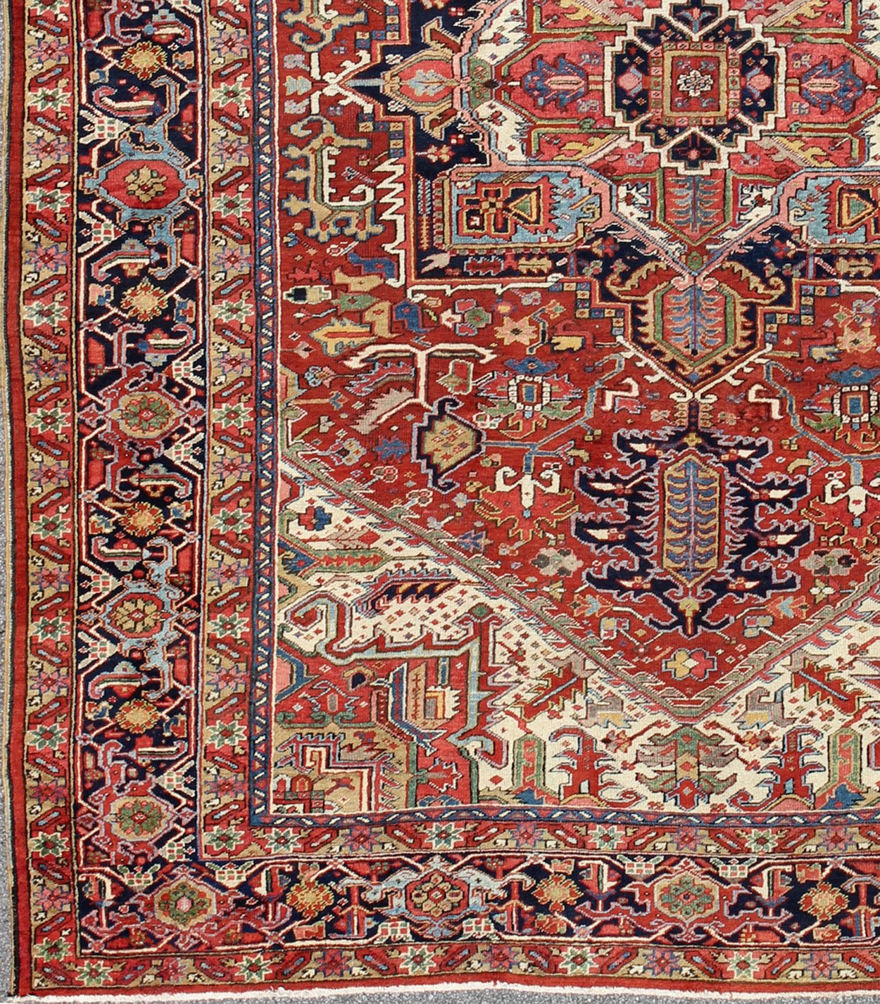 Antique Heriz - Serapi Rug with Geometric Medallion in Rust Red, Dark Blue, Green. Keivan Woven Arts / Rug / A - 0203, country of origin / type: Iran /Heriz, circa 1900. Measures: 10'3 x 13'3. This magnificent antique Persian Heriz - Serapi carpet fro... - Keivan Woven ArtsA - 0203 - 201Rug