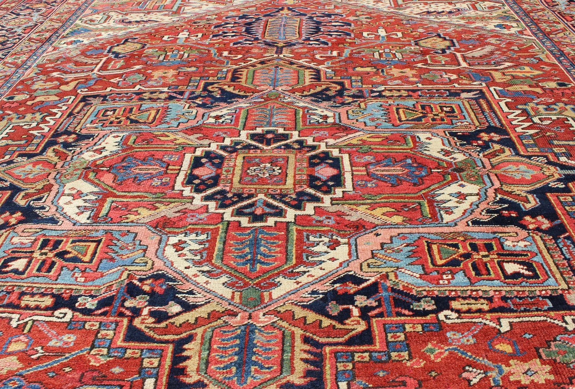 Antique Heriz - Serapi Rug with Geometric Medallion in Rust Red, Dark Blue, Green. Keivan Woven Arts / Rug / A - 0203, country of origin / type: Iran /Heriz, circa 1900. Measures: 10'3 x 13'3. This magnificent antique Persian Heriz - Serapi carpet fro... - Keivan Woven ArtsA - 0203 - 201Rug