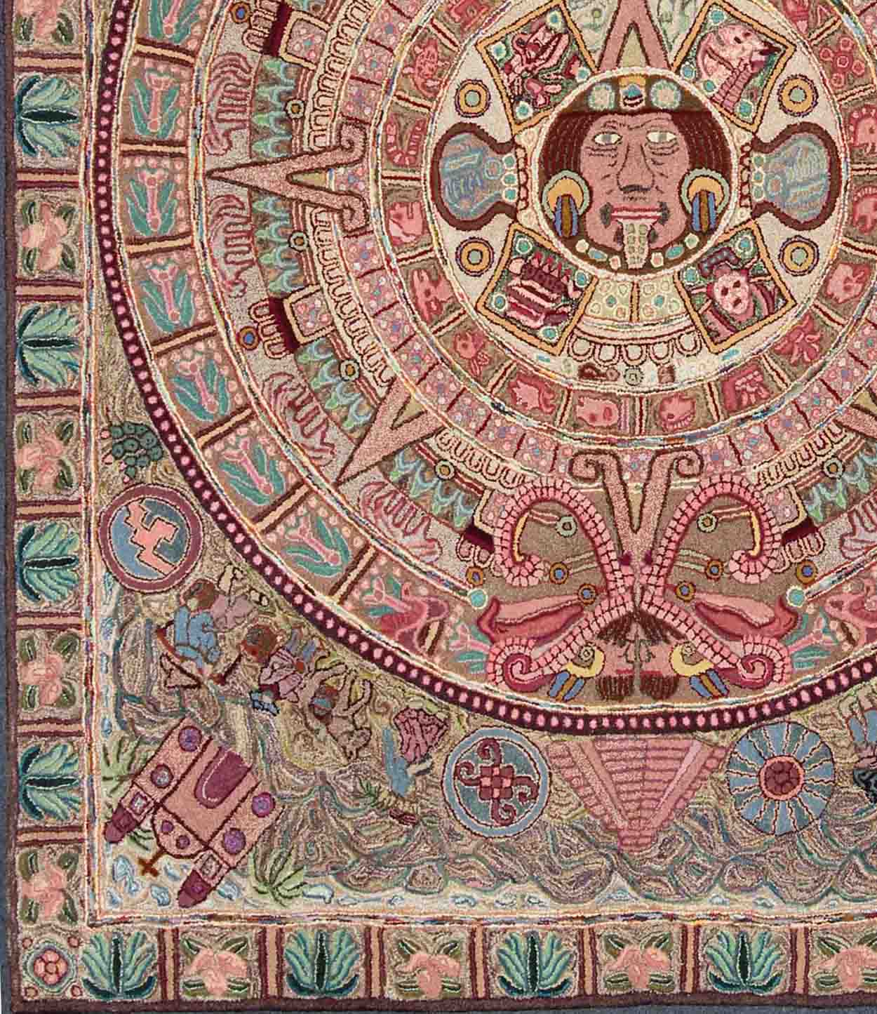 Vintage Large American Hook Rug This very unusual American hook rug features an Aztec calendar design in the center and figures from Chichen Itza, Mayan Ruins, and life in the countryside in Central and South America. Measures: 8'1 x 10'4. - Keivan Woven ArtsA - 0205 - 213