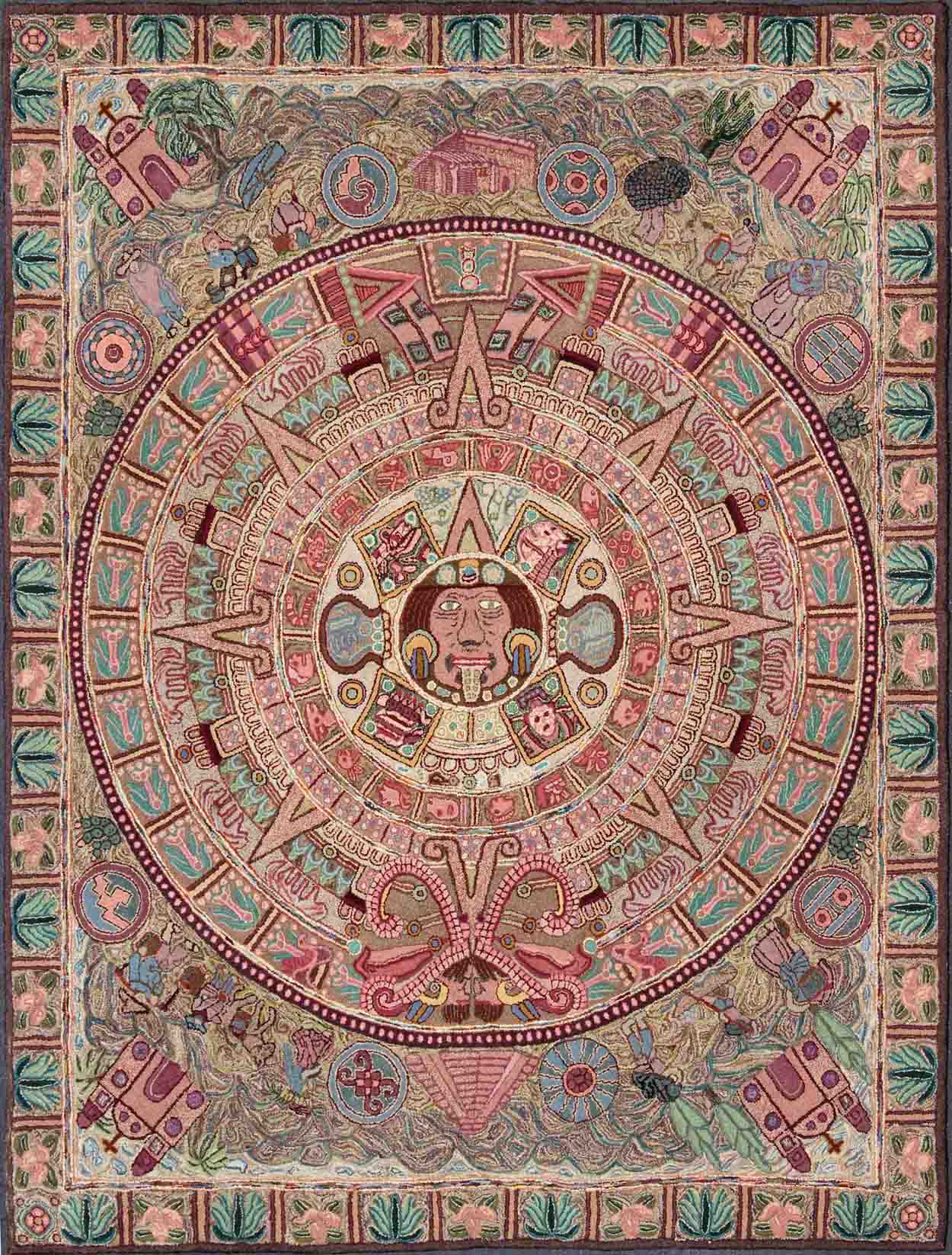 Vintage Large American Hook Rug This very unusual American hook rug features an Aztec calendar design in the center and figures from Chichen Itza, Mayan Ruins, and life in the countryside in Central and South America. Measures: 8'1 x 10'4. - Keivan Woven ArtsA - 0205 - 213