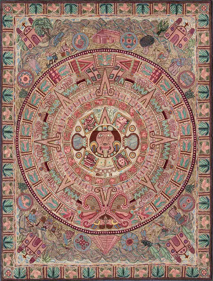 Vintage Large American Hook Rug This very unusual American hook rug features an Aztec calendar design in the center and figures from Chichen Itza, Mayan Ruins, and life in the countryside in Central and South America. Measures: 8'1 x 10'4. - Keivan Woven ArtsA - 0205 - 213