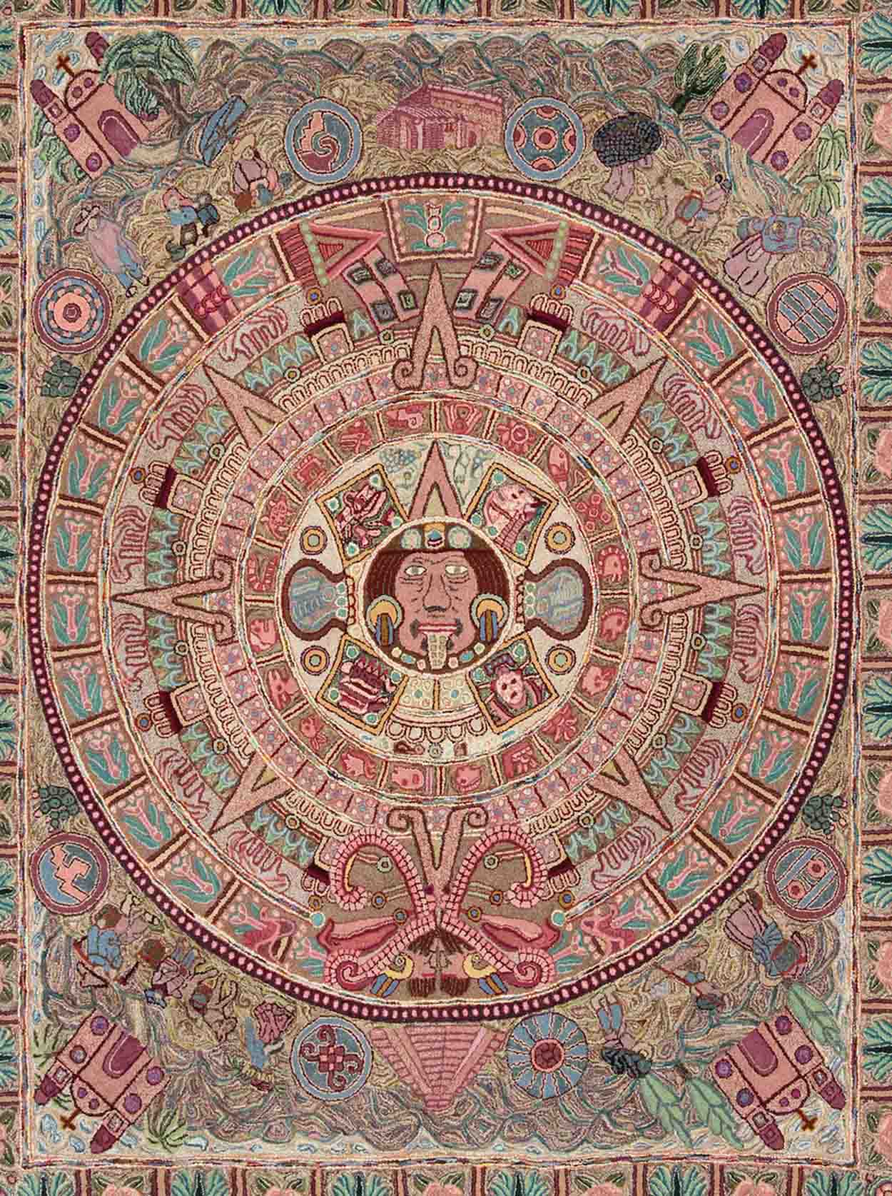 Vintage Large American Hook Rug This very unusual American hook rug features an Aztec calendar design in the center and figures from Chichen Itza, Mayan Ruins, and life in the countryside in Central and South America. Measures: 8'1 x 10'4. - Keivan Woven ArtsA - 0205 - 213