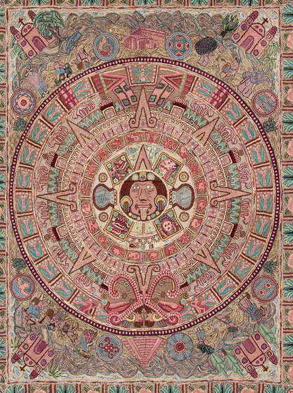 Vintage Large American Hook Rug This very unusual American hook rug features an Aztec calendar design in the center and figures from Chichen Itza, Mayan Ruins, and life in the countryside in Central and South America. Measures: 8'1 x 10'4. - Keivan Woven ArtsA - 0205 - 213