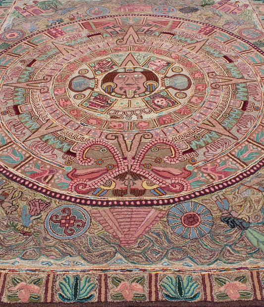 Vintage Large American Hook Rug This very unusual American hook rug features an Aztec calendar design in the center and figures from Chichen Itza, Mayan Ruins, and life in the countryside in Central and South America. Measures: 8'1 x 10'4. - Keivan Woven ArtsA - 0205 - 213