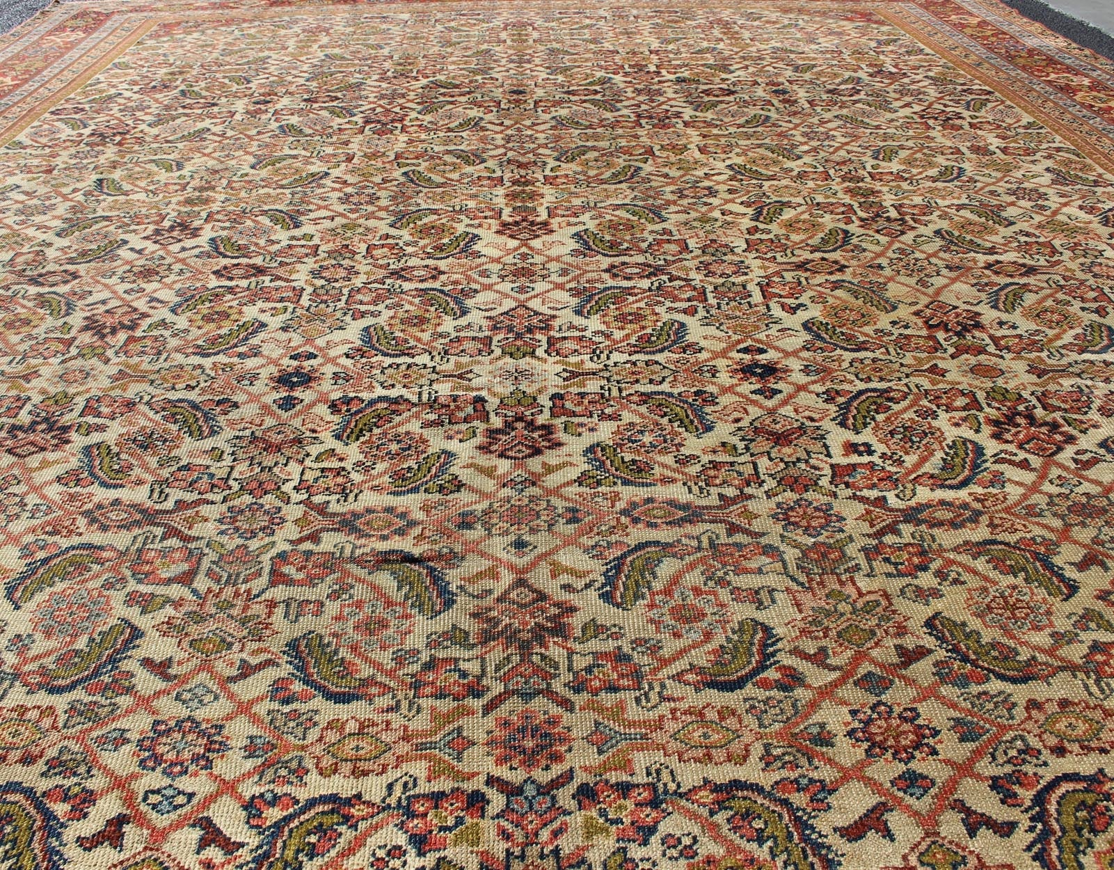 Antique Persian Ferahan rug with all - over Herati design in ivory, coral, green, antique Sultanabad - Ferahan on a cream background rug with colorful. Keivan Woven Arts / rug A - 0401, country of origin / type: Iran / Ferahan, circa 1890 Measures:10'9 x... - Keivan Woven ArtsA - 0401 - 439Rug
