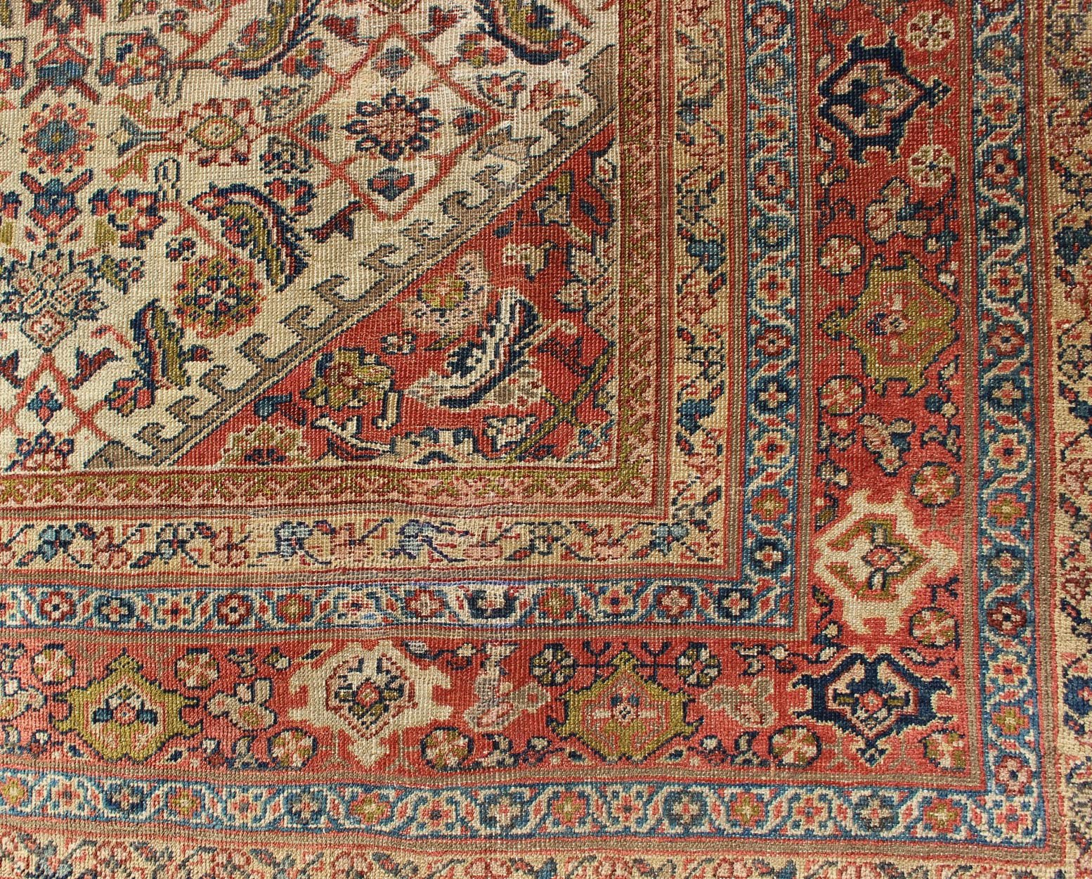 Antique Persian Ferahan rug with all - over Herati design in ivory, coral, green, antique Sultanabad - Ferahan on a cream background rug with colorful. Keivan Woven Arts / rug A - 0401, country of origin / type: Iran / Ferahan, circa 1890 Measures:10'9 x... - Keivan Woven ArtsA - 0401 - 439Rug