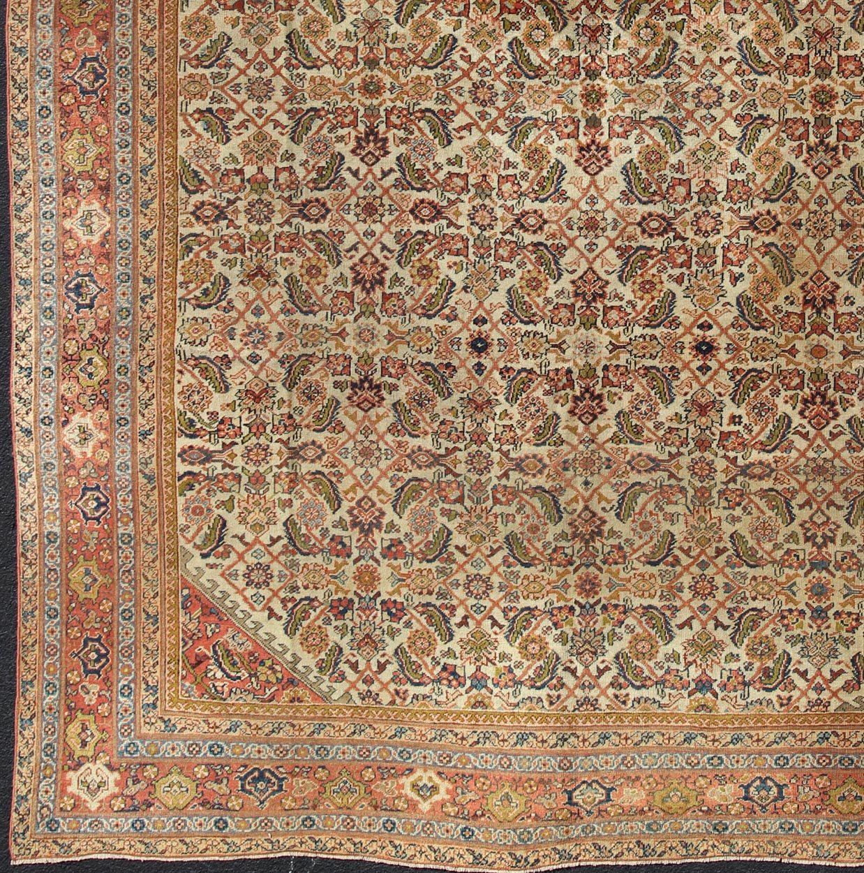 Antique Persian Ferahan rug with all - over Herati design in ivory, coral, green, antique Sultanabad - Ferahan on a cream background rug with colorful. Keivan Woven Arts / rug A - 0401, country of origin / type: Iran / Ferahan, circa 1890 Measures:10'9 x... - Keivan Woven ArtsA - 0401 - 439Rug