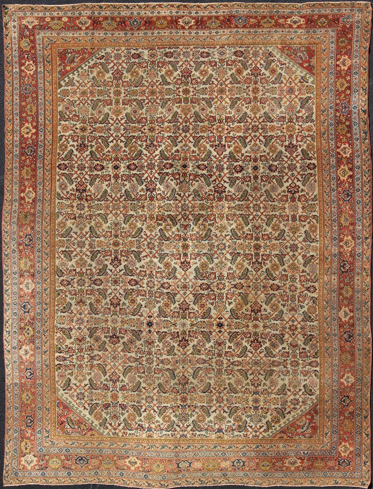 Antique Persian Ferahan rug with all - over Herati design in ivory, coral, green, antique Sultanabad - Ferahan on a cream background rug with colorful. Keivan Woven Arts / rug A - 0401, country of origin / type: Iran / Ferahan, circa 1890 Measures:10'9 x... - Keivan Woven ArtsA - 0401 - 439Rug