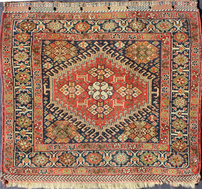 Red and Black Antique Persian Shahsavan Rug with Hexagon Latch Hook Medallion, rug a - 0406, country of origin / type: Iran / Shahsavan, circa 1870. This antique Shahsavan rug from late - nineteenth century Persian features a hexagon medallion in it... - Keivan Woven ArtsA - 0406 - 1185Rug