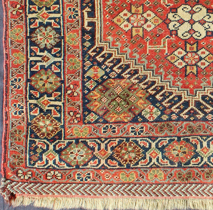 Red and Black Antique Persian Shahsavan Rug with Hexagon Latch Hook Medallion, rug a - 0406, country of origin / type: Iran / Shahsavan, circa 1870. This antique Shahsavan rug from late - nineteenth century Persian features a hexagon medallion in it... - Keivan Woven ArtsA - 0406 - 1185Rug