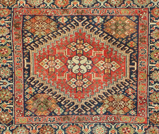 Red and Black Antique Persian Shahsavan Rug with Hexagon Latch Hook Medallion, rug a - 0406, country of origin / type: Iran / Shahsavan, circa 1870. This antique Shahsavan rug from late - nineteenth century Persian features a hexagon medallion in it... - Keivan Woven ArtsA - 0406 - 1185Rug