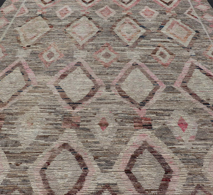 Moroccan Style Modern Hand Knotted Rug In Tribal Design In Brown's, Pink, Gray. Keivan Woven Arts; rug AAR - 1002, country of origin / type: Afghanistan / Modern Casual, circa early - 21th century. Measures: 10'3 x 13'5 This modern casual tribal lar... - Keivan Woven ArtsAAR - 1002 - 23480